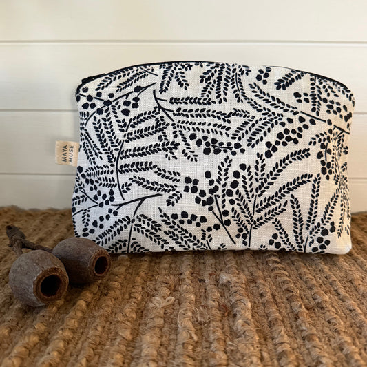 botanical linen pouch : mimosa navy/white