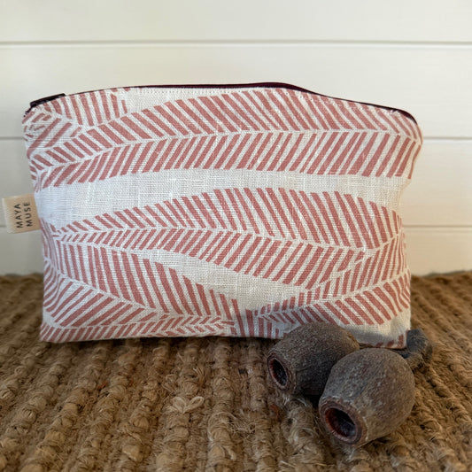 botanical linen pouch : eucalyptus pink/white